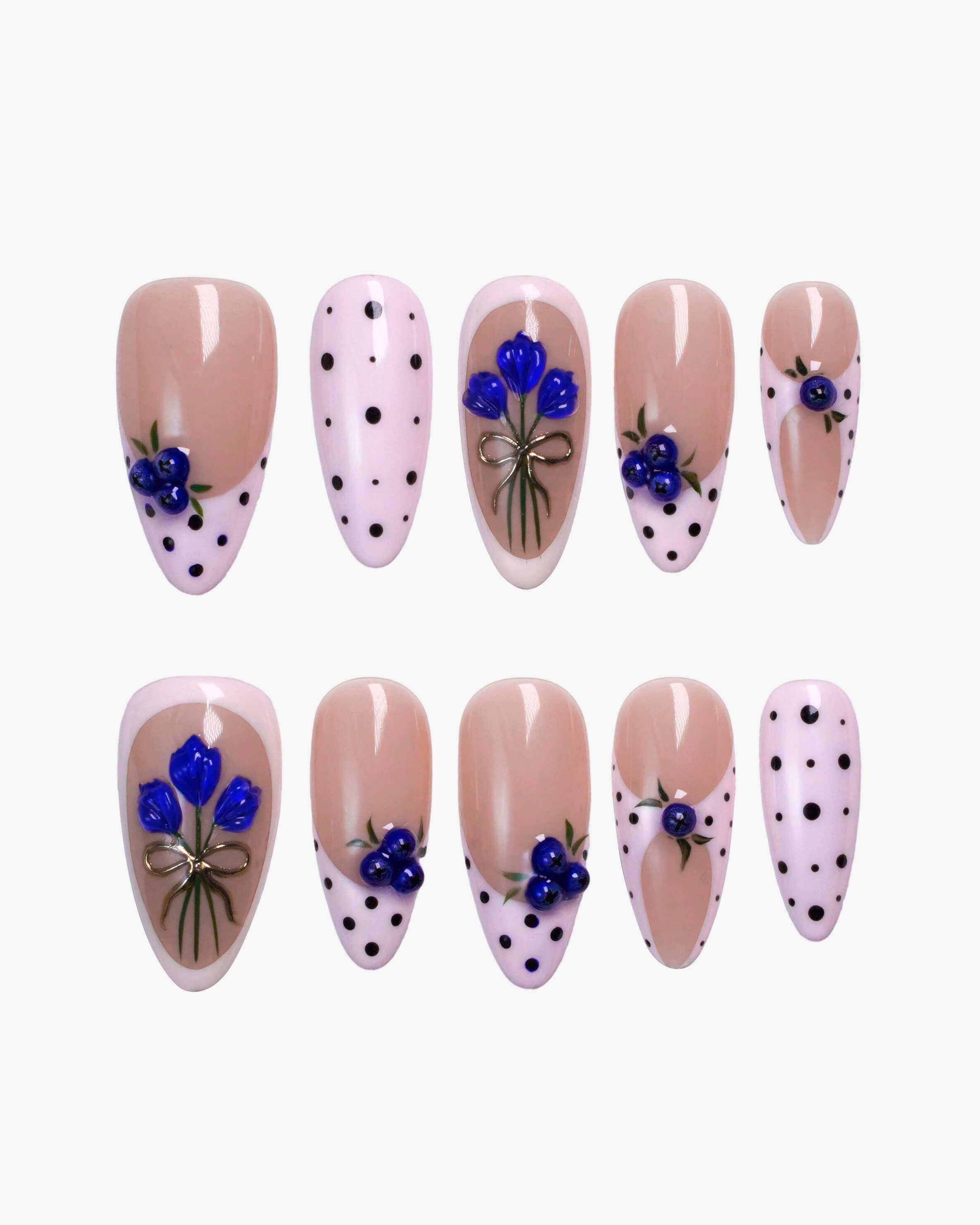 3D painted blueberries & amp floral bouquets polka dots bow details press on nails