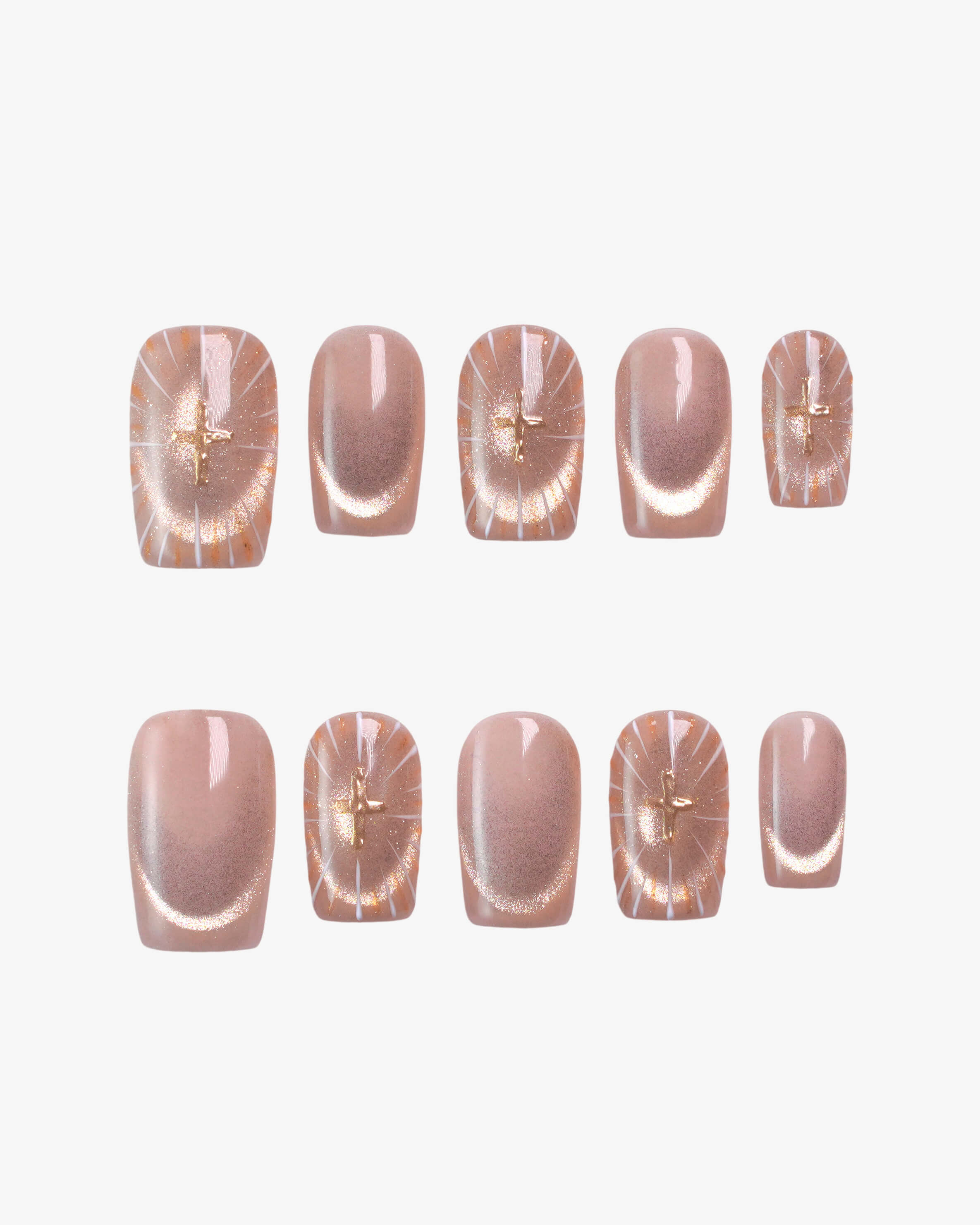 Quietly luxe cat eye metallic cross charms press-on nails
