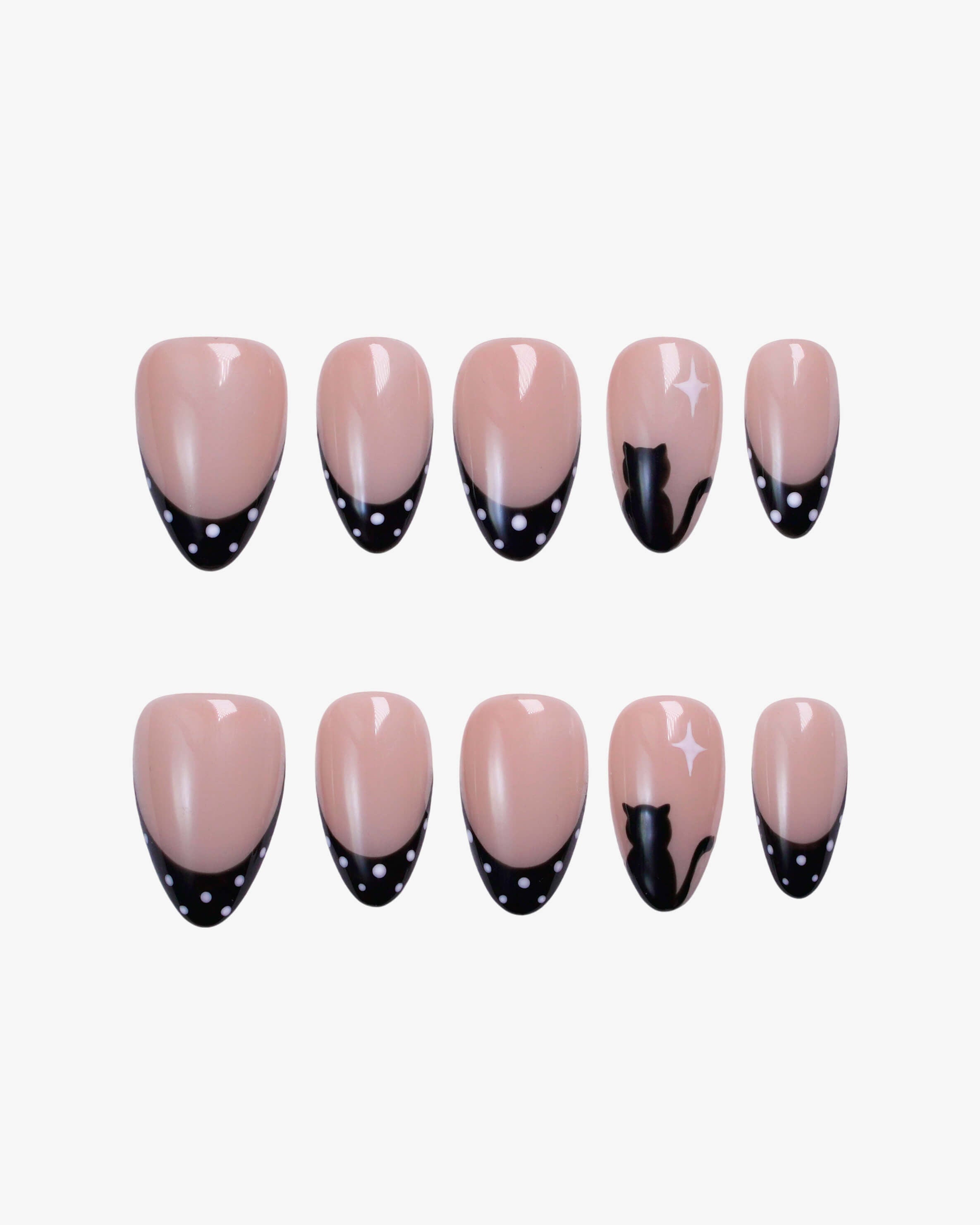 Black polka dot French tips black cat press-on nails