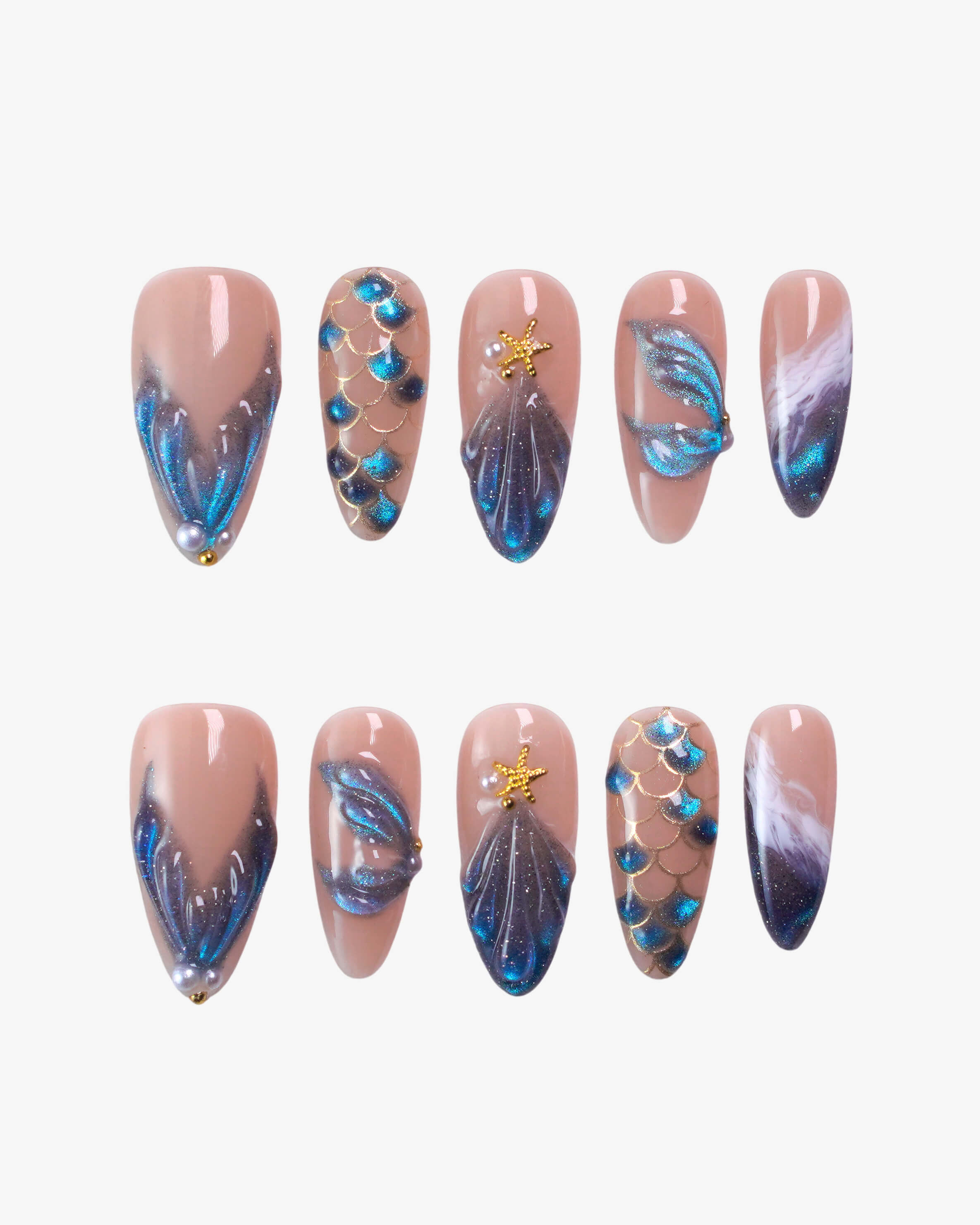 Embossed fish scales wave details press-on nails