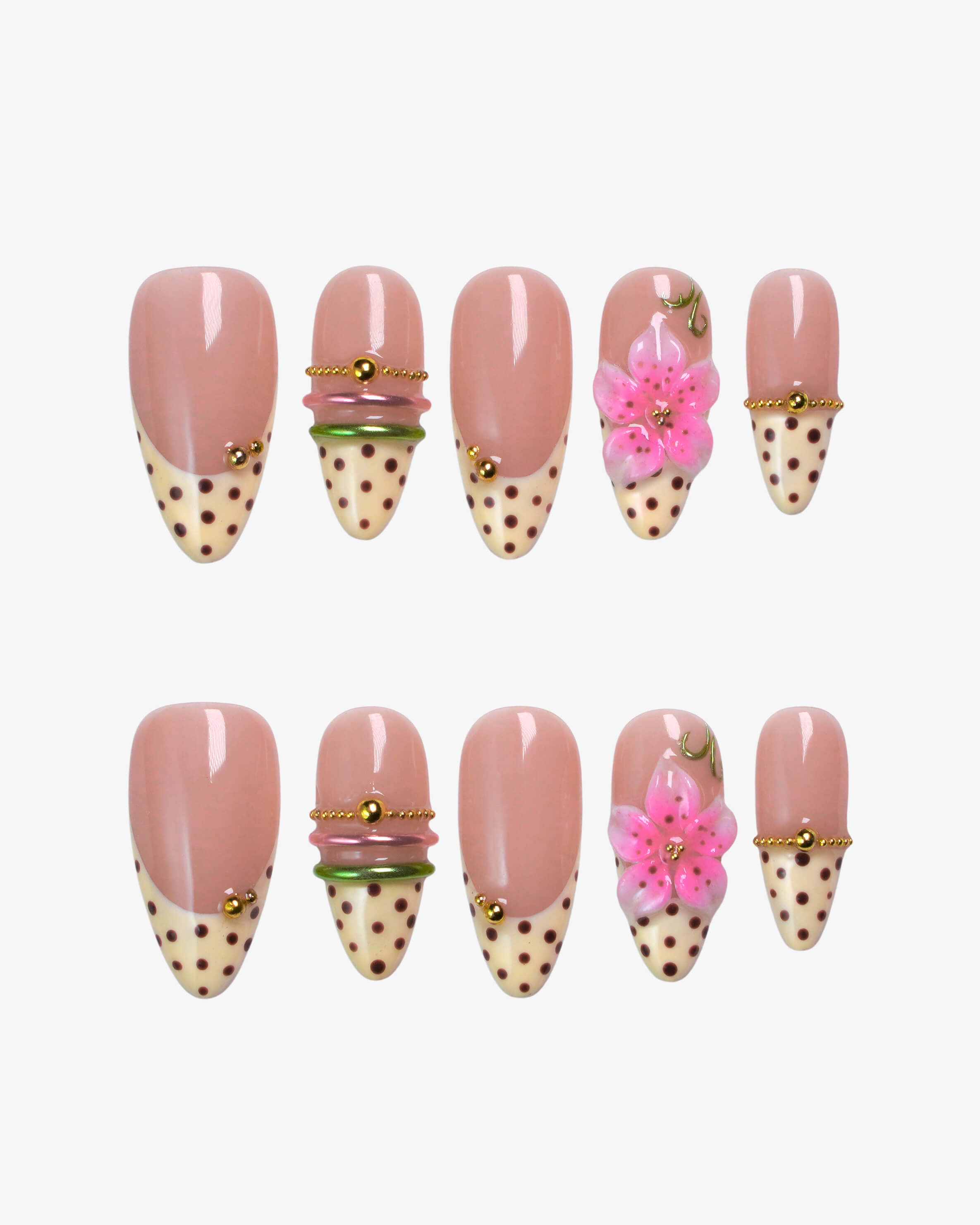 Butter-yellow polka dots gold chain stripe accents press-on nails