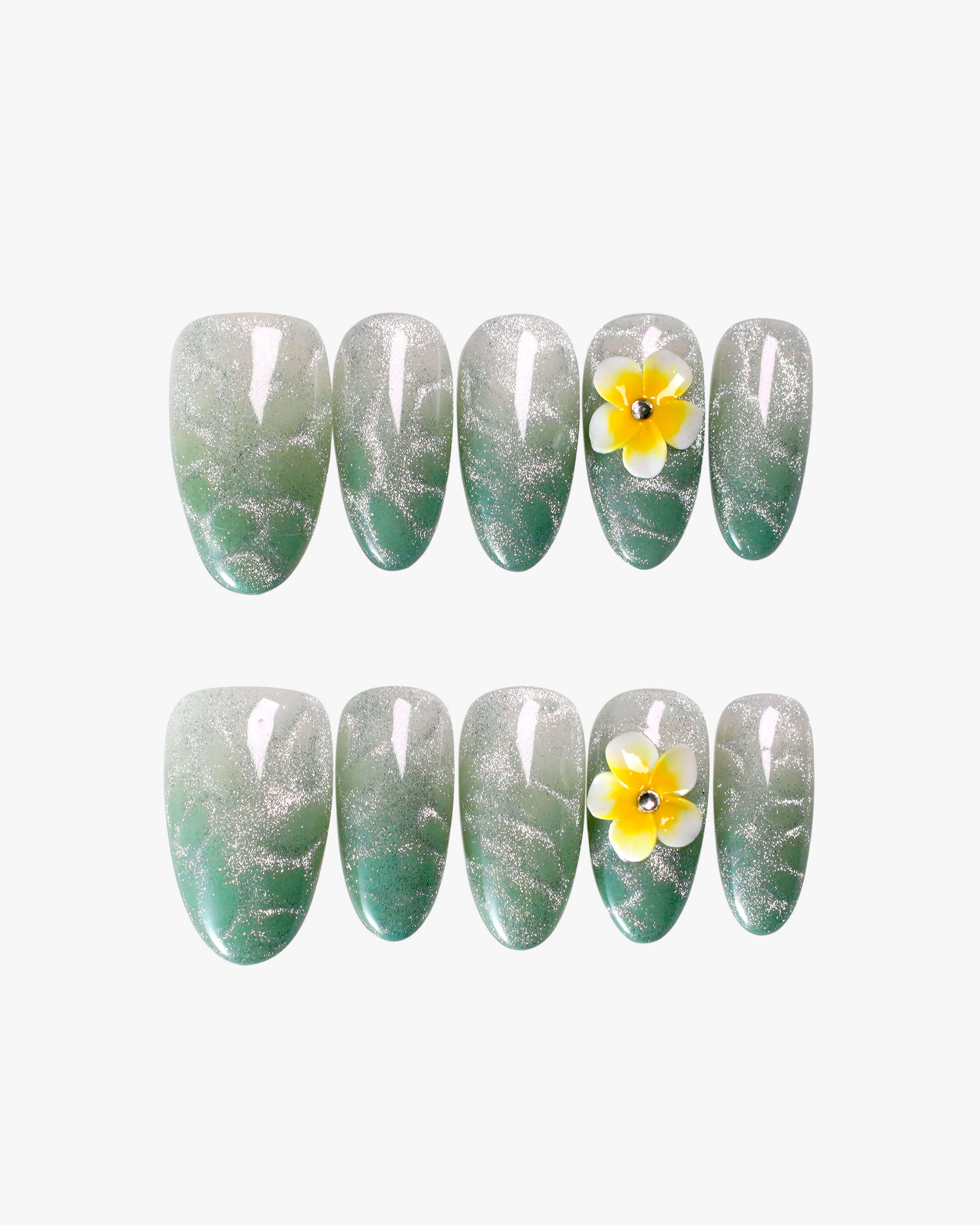 Fresh green plumeria blossoms nails