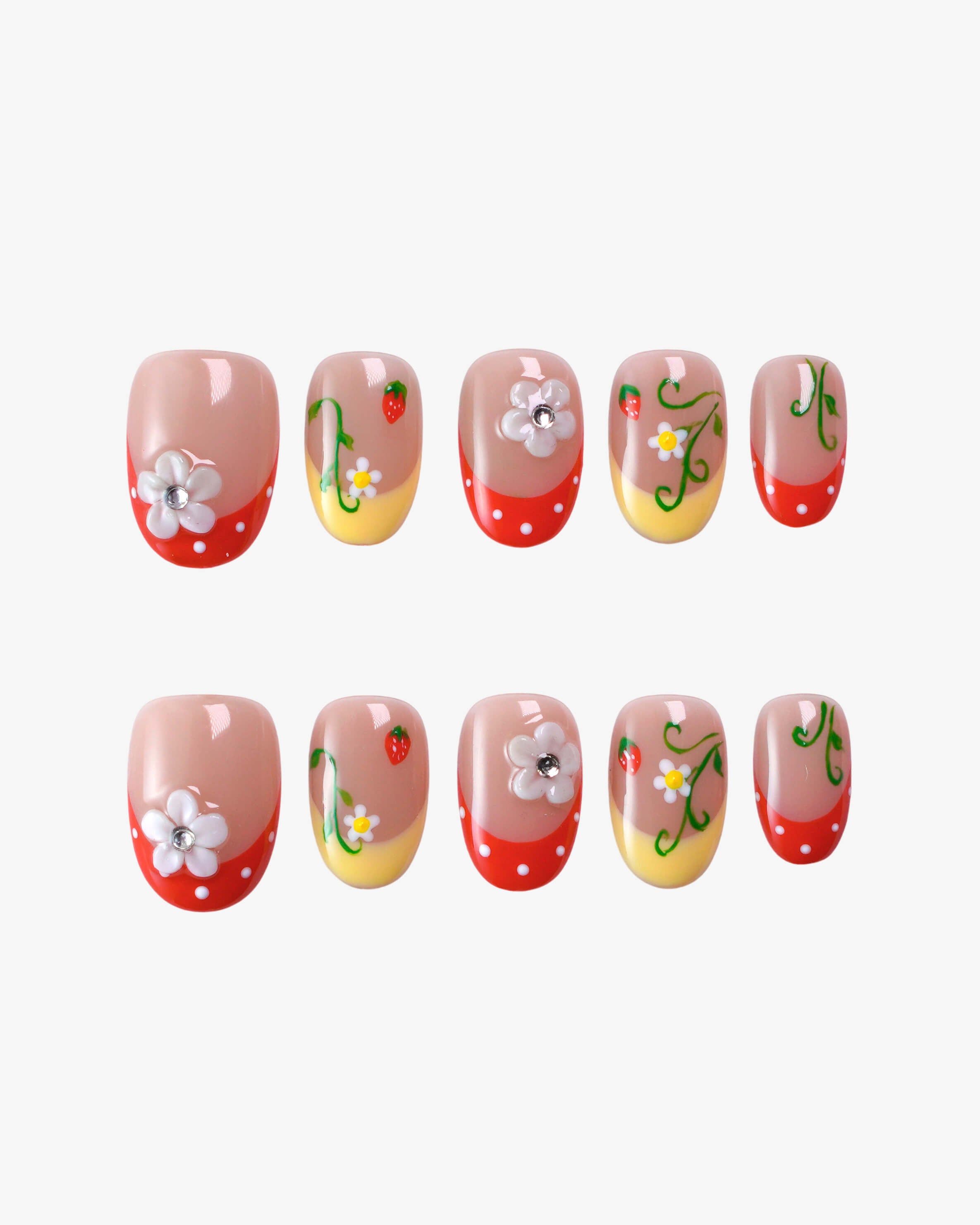 Hand-painted strawberry vines daisies press-on nails
