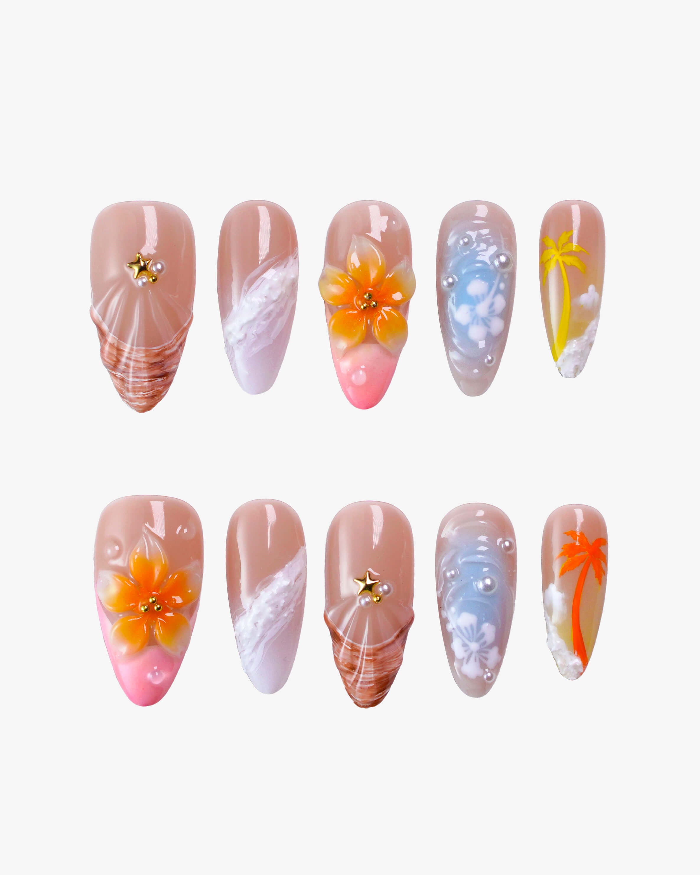 Tropical-Resort-Breezy-Summer-Seashells-Hibiscus-Amp-Palm-Motifs-Press-on-Nails